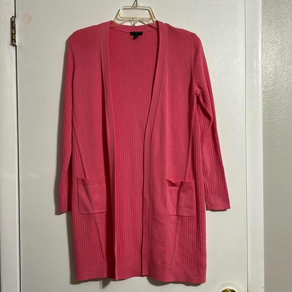 Talbots Womens Open Long 100% Pima Cotton Spring Sweater Pink With Front Pockets